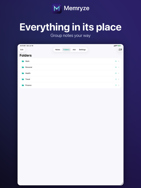 Memryze folders on iPad