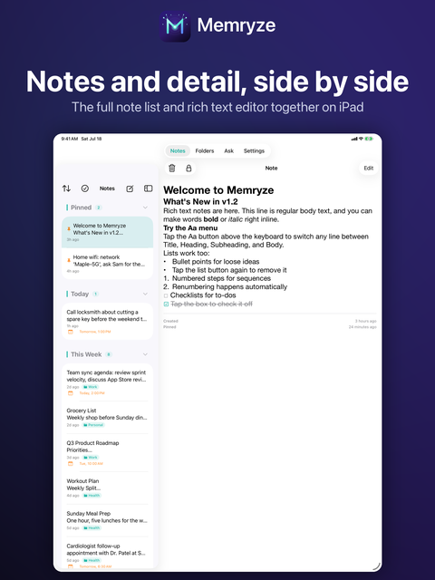 Memryze notes list and detail side-by-side on iPad