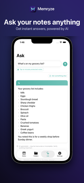 Memryze Ask screen answering 'What's on my grocery list?' with a summary pulled from a saved note