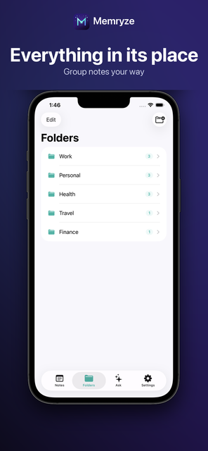 Memryze folders list showing Health, Work, and Personal with note counts