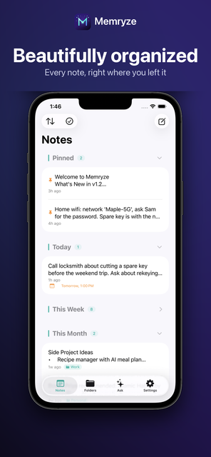 Memryze notes list grouped into Pinned, Today, Yesterday, This Week, and by month