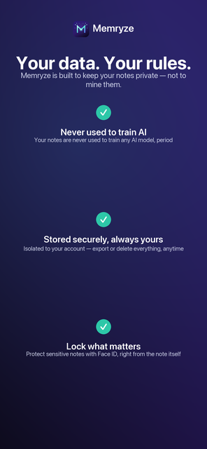 Your data, your rules — never used to train AI, stored securely, and lockable with Face ID