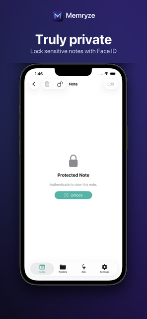A Face ID protected note showing a lock icon and an Unlock button