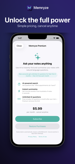 Memryze Premium subscription screen, $5.99 per month, cancel anytime